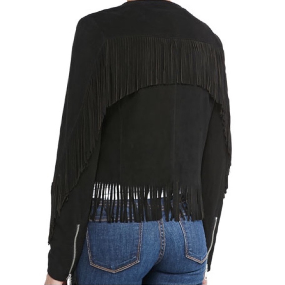 FINAL NWOT Rebecca Minkoff Suede Leather Black Fringe Bomber Jacket Sz L